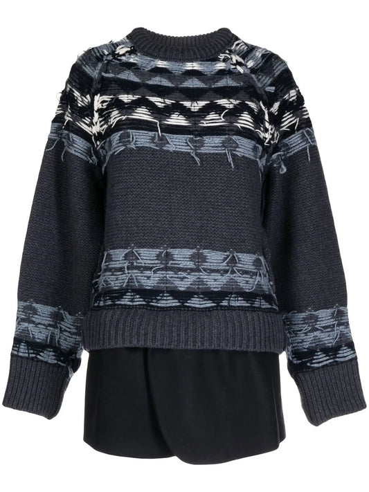 Layered Distressed Fair Isle-Knit Sweater