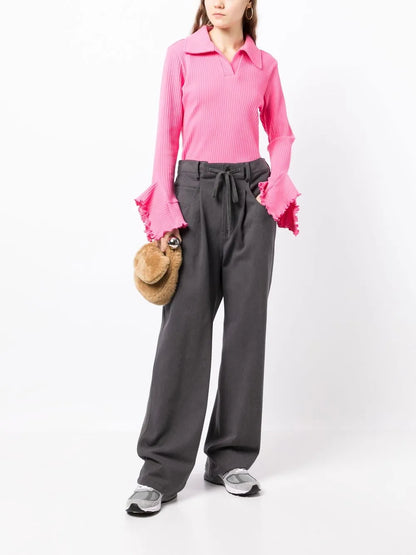 Ribbed Ruffle-Trim Polo Top