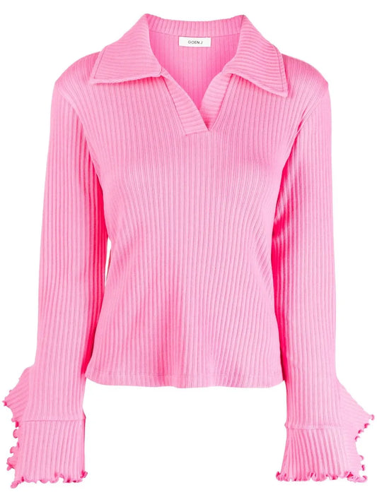 Ribbed Ruffle-Trim Polo Top
