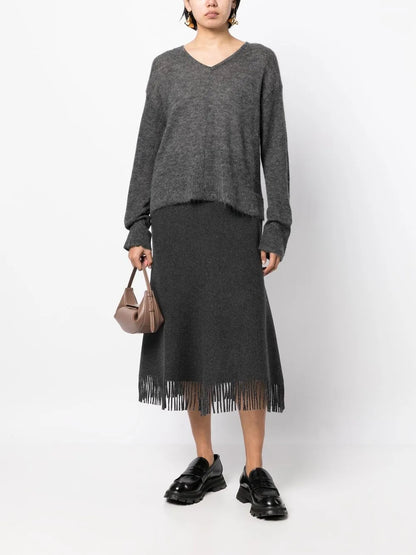 Fringed A-Line Wool-Blend Skirt