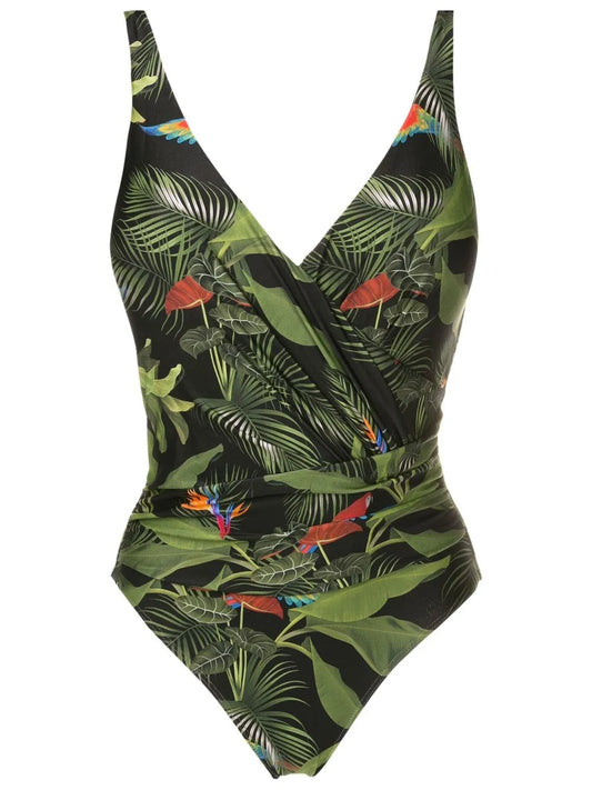 Maisa Leaf-Print Draped Swimsuit