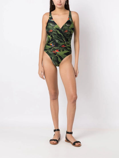 Maisa Leaf-Print Draped Swimsuit