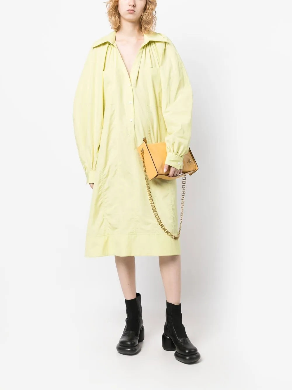 Shirred Puff-Sleeves Shirt Dress