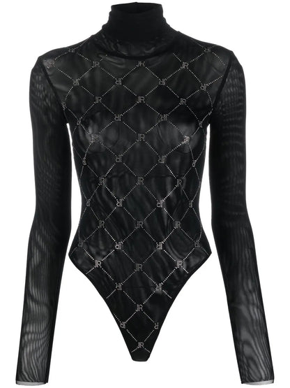 Embellished-Logo Sheer Bodysuit