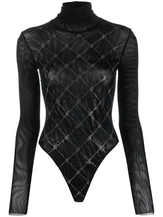 Embellished-Logo Sheer Bodysuit