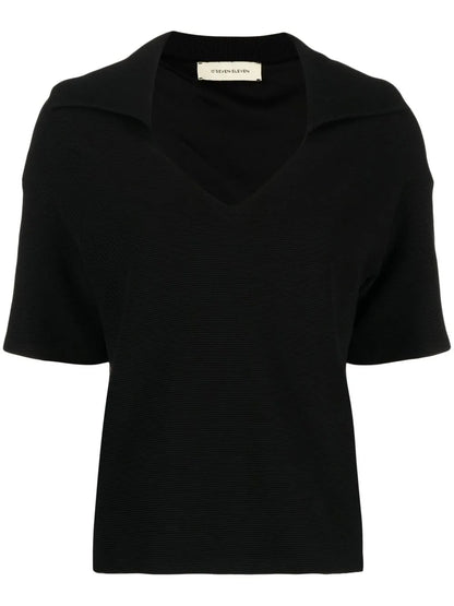 Spread-Collar Ribbed-Knit Top