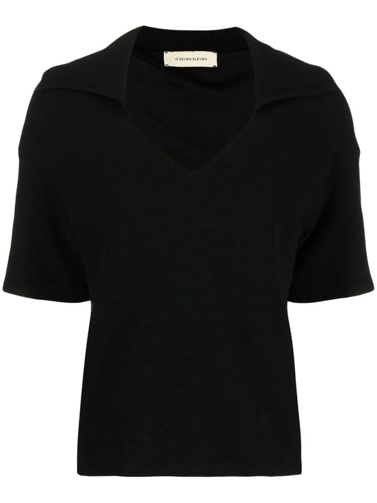 Spread-Collar Ribbed-Knit Top