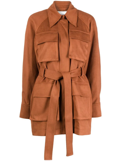 Check-Print Belted Leather Jacket