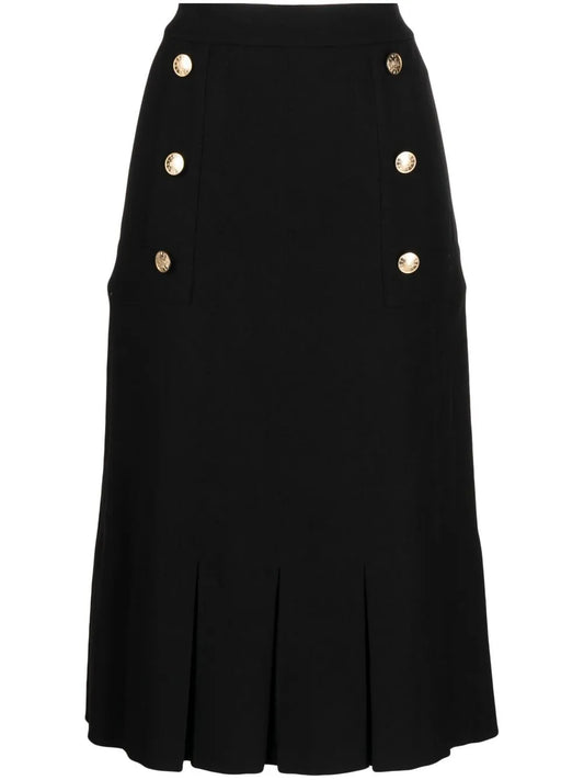 Button-Embellished Pleated Midi Skirt