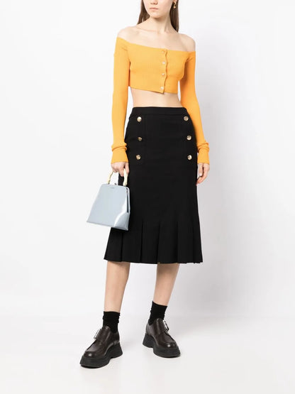 Button-Embellished Pleated Midi Skirt