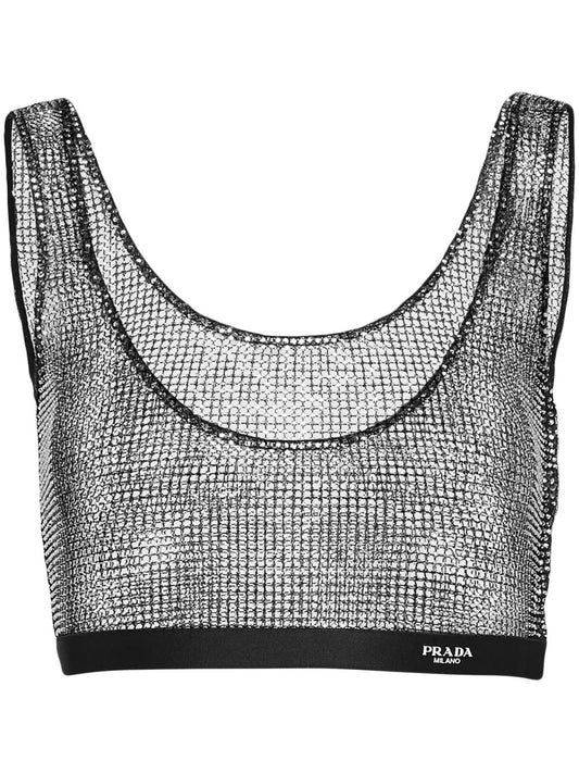 Rhinestone-Embellished Mesh Crop Top