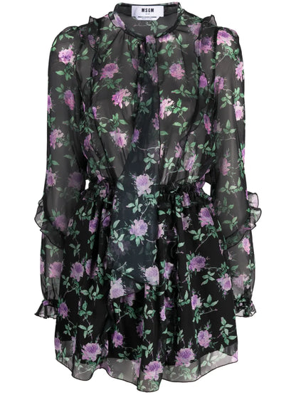 Poly Rose-Print Chiffon Minidress