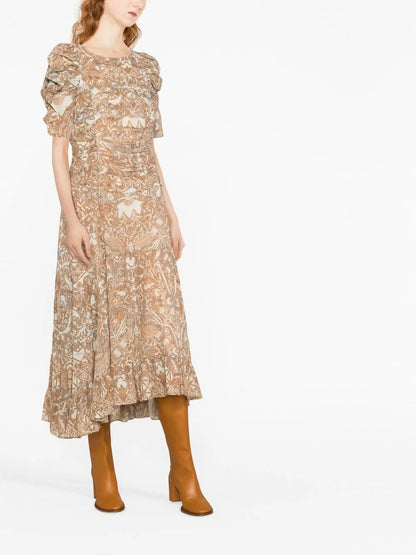 Puff-Sleeve Printed Midi Dress