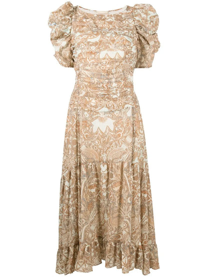 Puff-Sleeve Printed Midi Dress