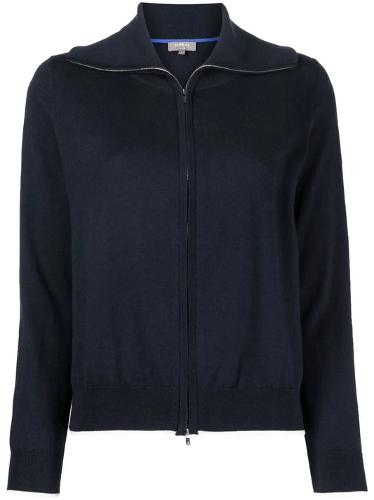 Spread-Collar Zip Knit Cardigan