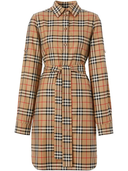 Vintage Check Cotton Tie-Waist Shirt Dress
