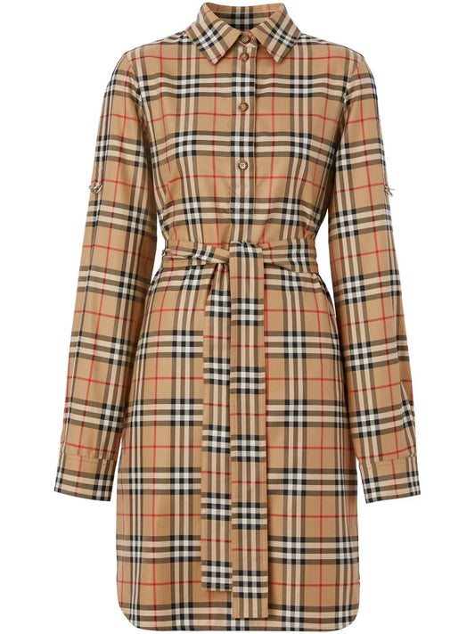Vintage Check Cotton Tie-Waist Shirt Dress