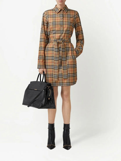 Vintage Check Cotton Tie-Waist Shirt Dress
