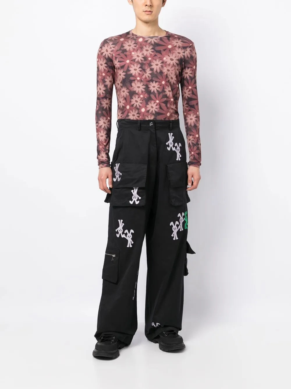 Bunny-Embroidered Cargo Trousers