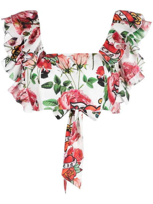 Cropped Floral-Print Blouse