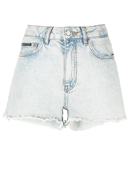 Acid-Wash Raw-Edge Denim Shorts