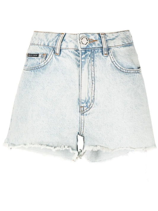 Acid-Wash Raw-Edge Denim Shorts