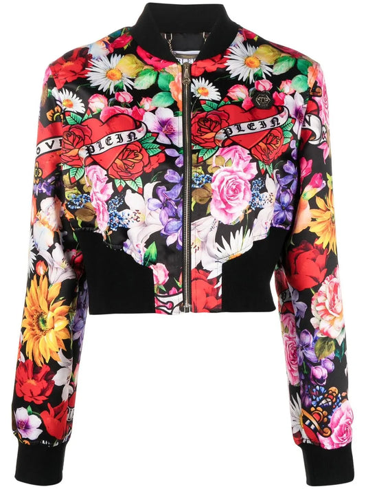 Floral-Print Cropped Bomber Jacket