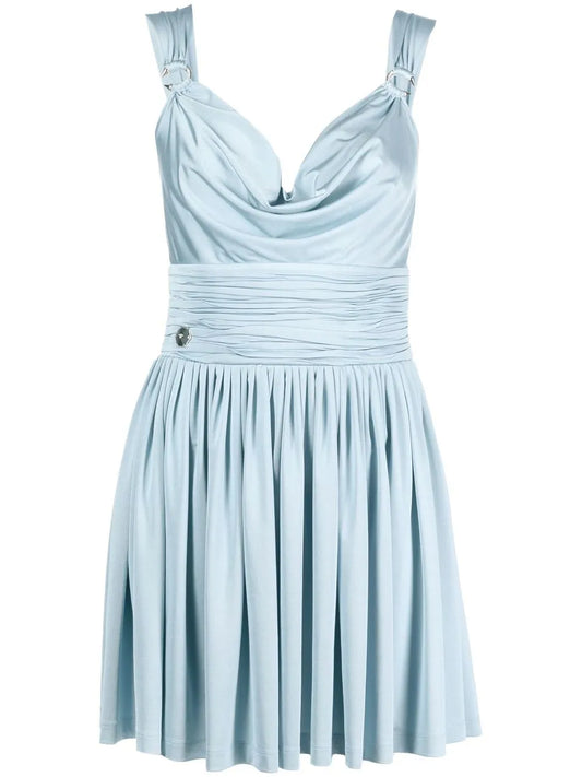 Draped-Neck Pleated Mini Dress
