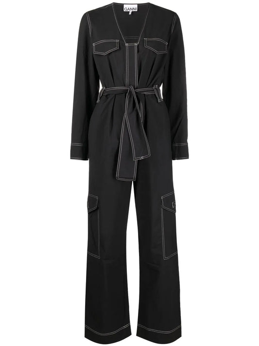 Belted Contrast-Stitch Jumpsuit