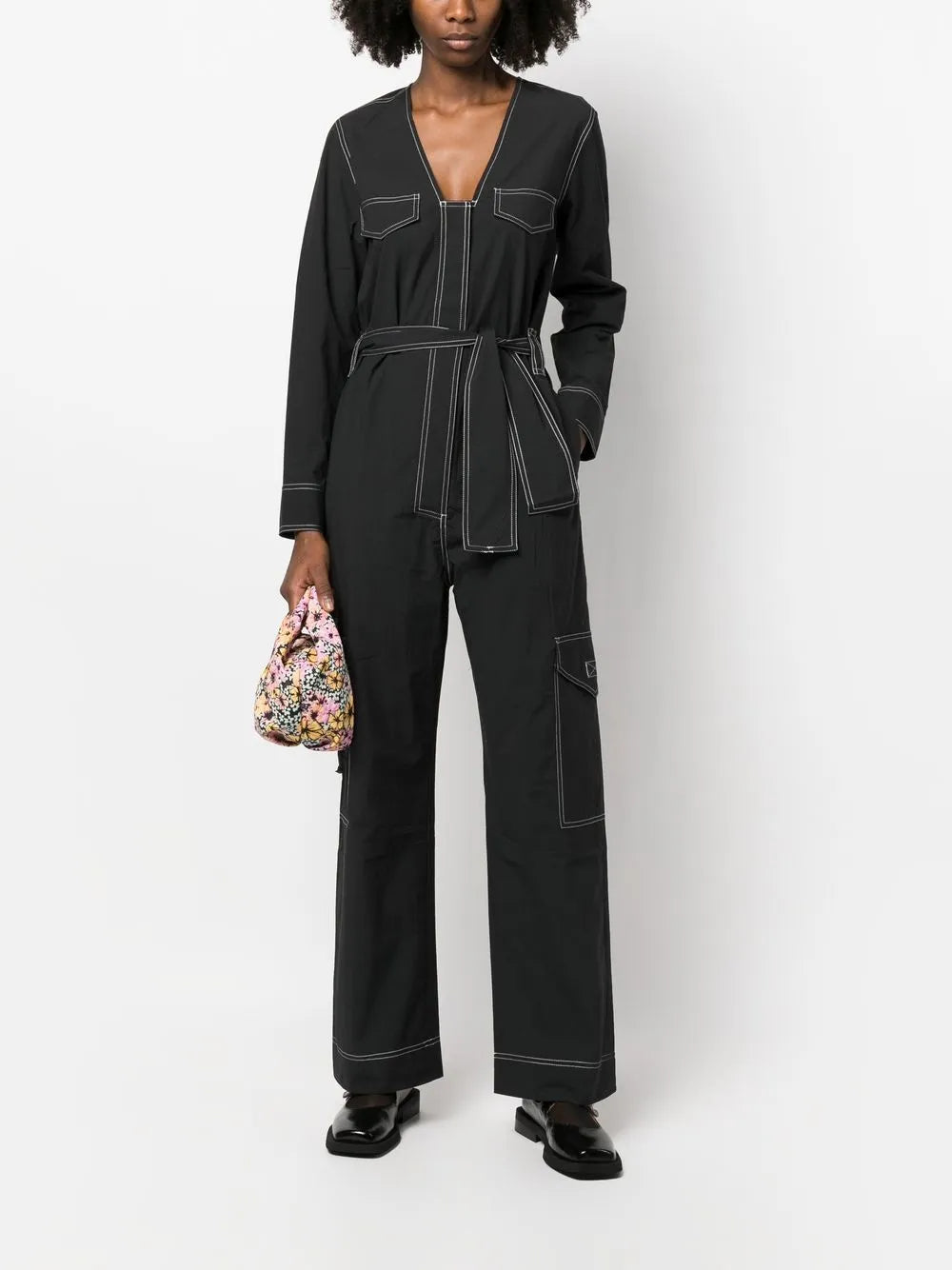 Belted Contrast-Stitch Jumpsuit