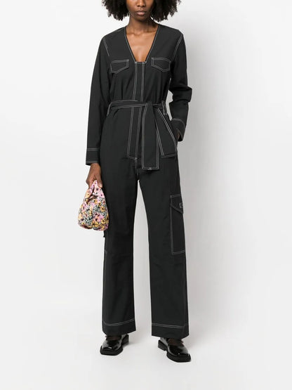 Belted Contrast-Stitch Jumpsuit