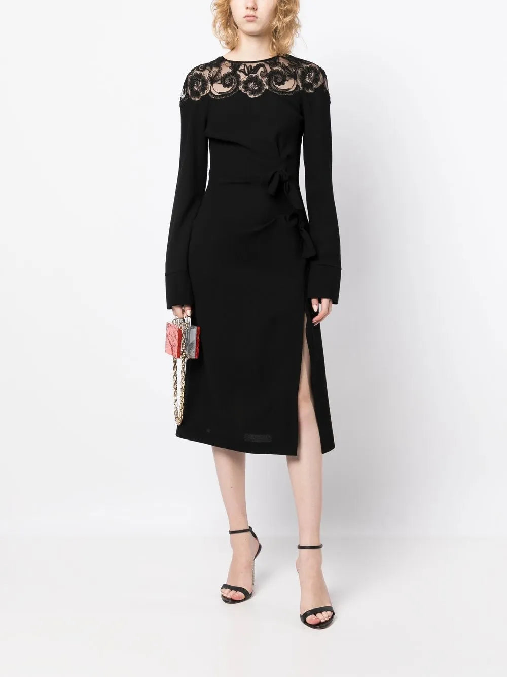 Gathered Lace-Panel Midi Dress