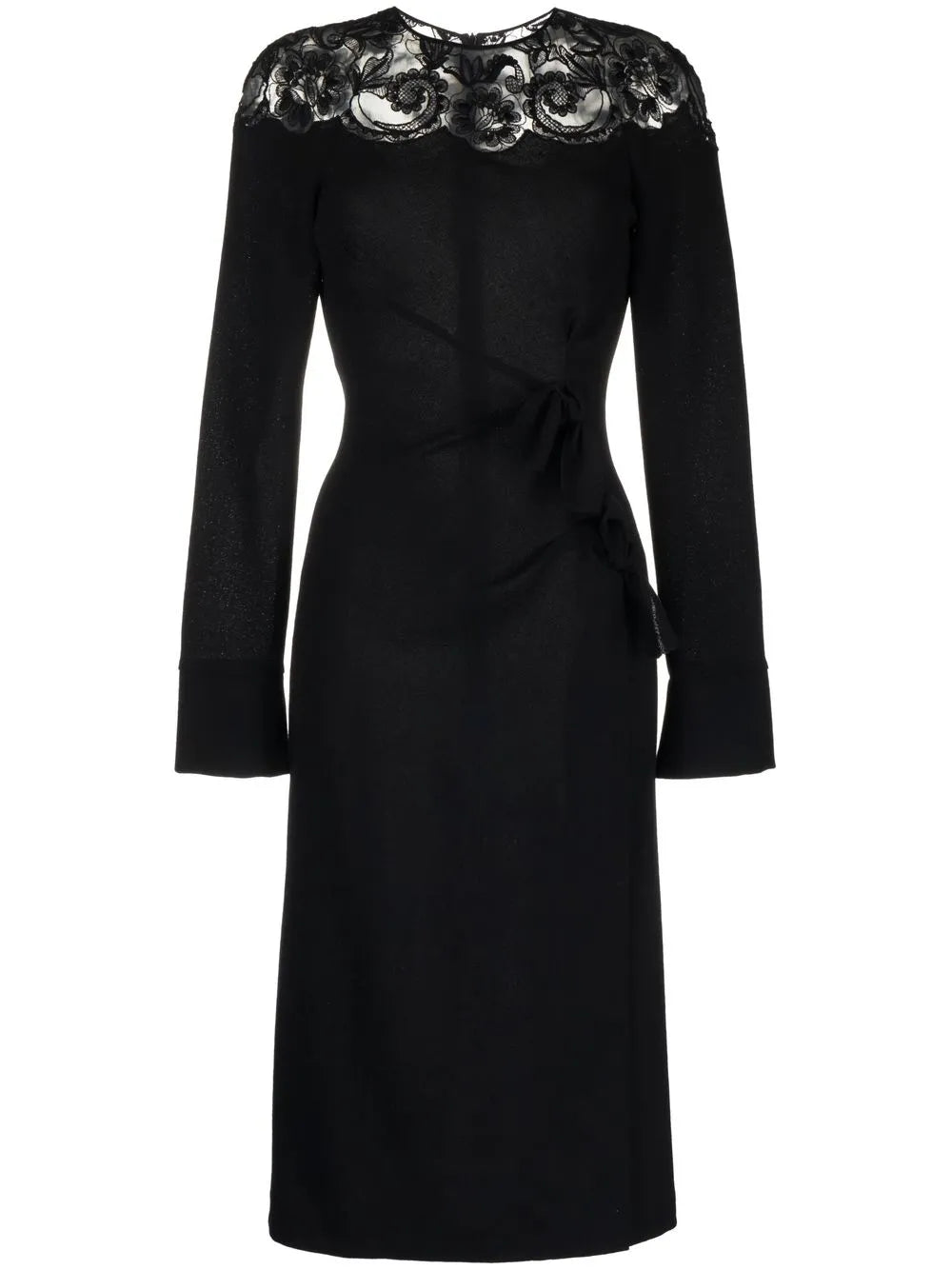 Gathered Lace-Panel Midi Dress