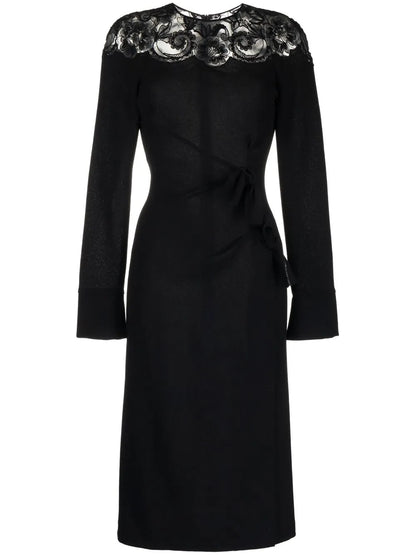 Gathered Lace-Panel Midi Dress