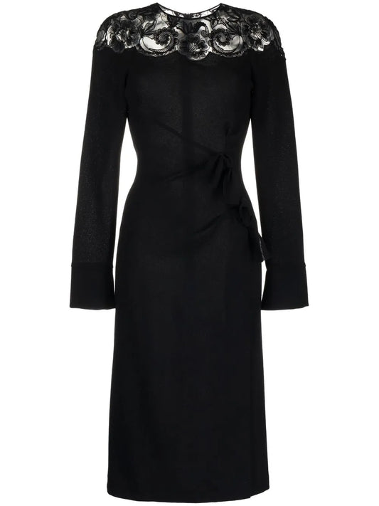 Gathered Lace-Panel Midi Dress