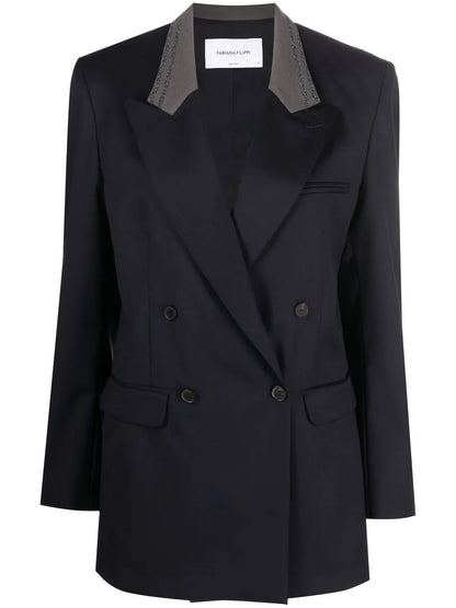 Contrast-Collar Double-Breasted Blazer