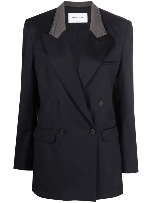 Contrast-Collar Double-Breasted Blazer