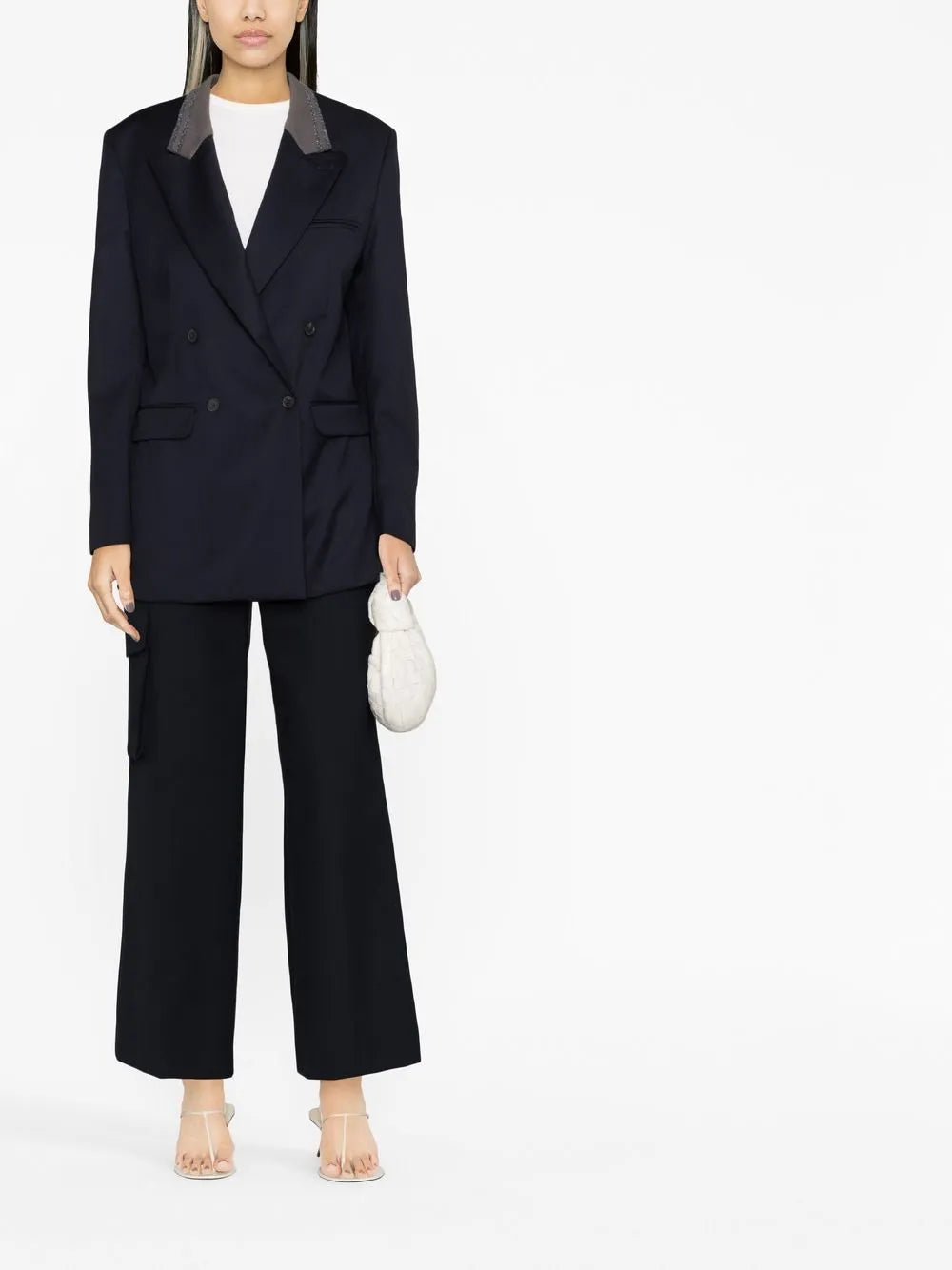 Contrast-Collar Double-Breasted Blazer