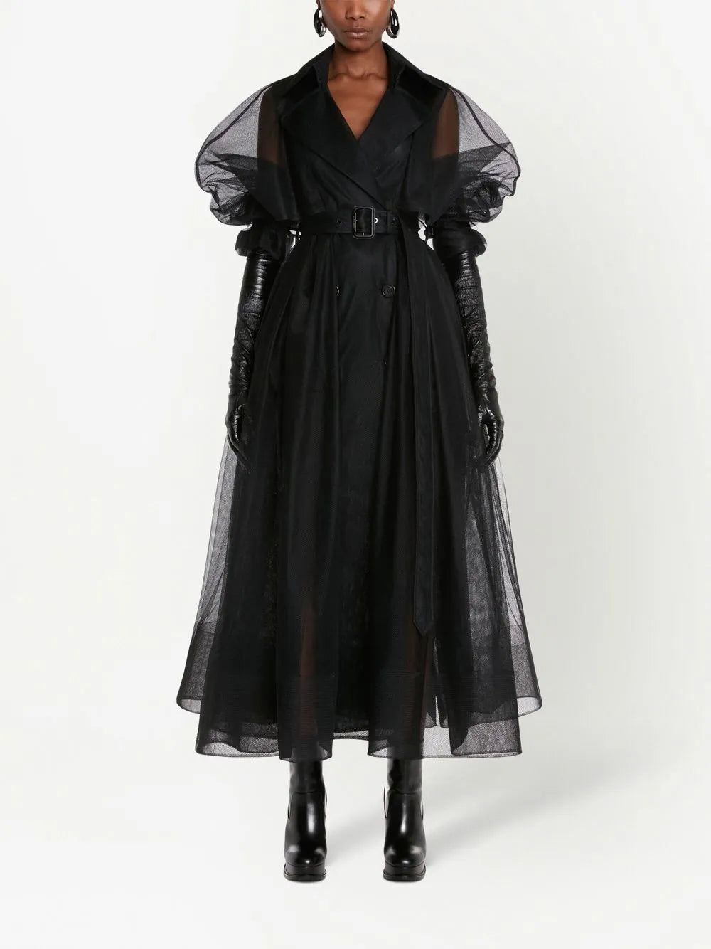 Belted Waist Tulle Trench Coat