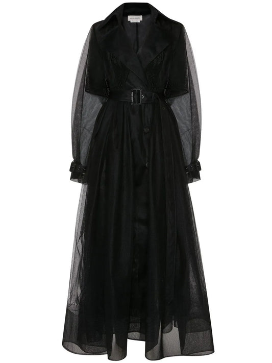 Belted Waist Tulle Trench Coat