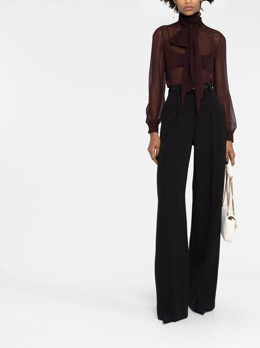 Tied-Collar Semi-Sheer Blouse