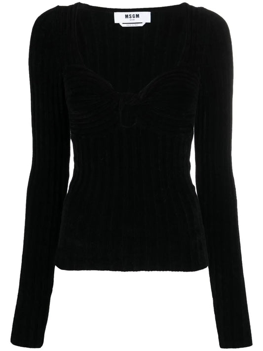 Twist-Front Ribbed Long-Sleeve Top