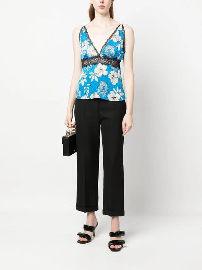 Floral-Print Lace-Trimmed Top