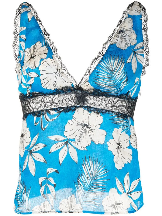Floral-Print Lace-Trimmed Top