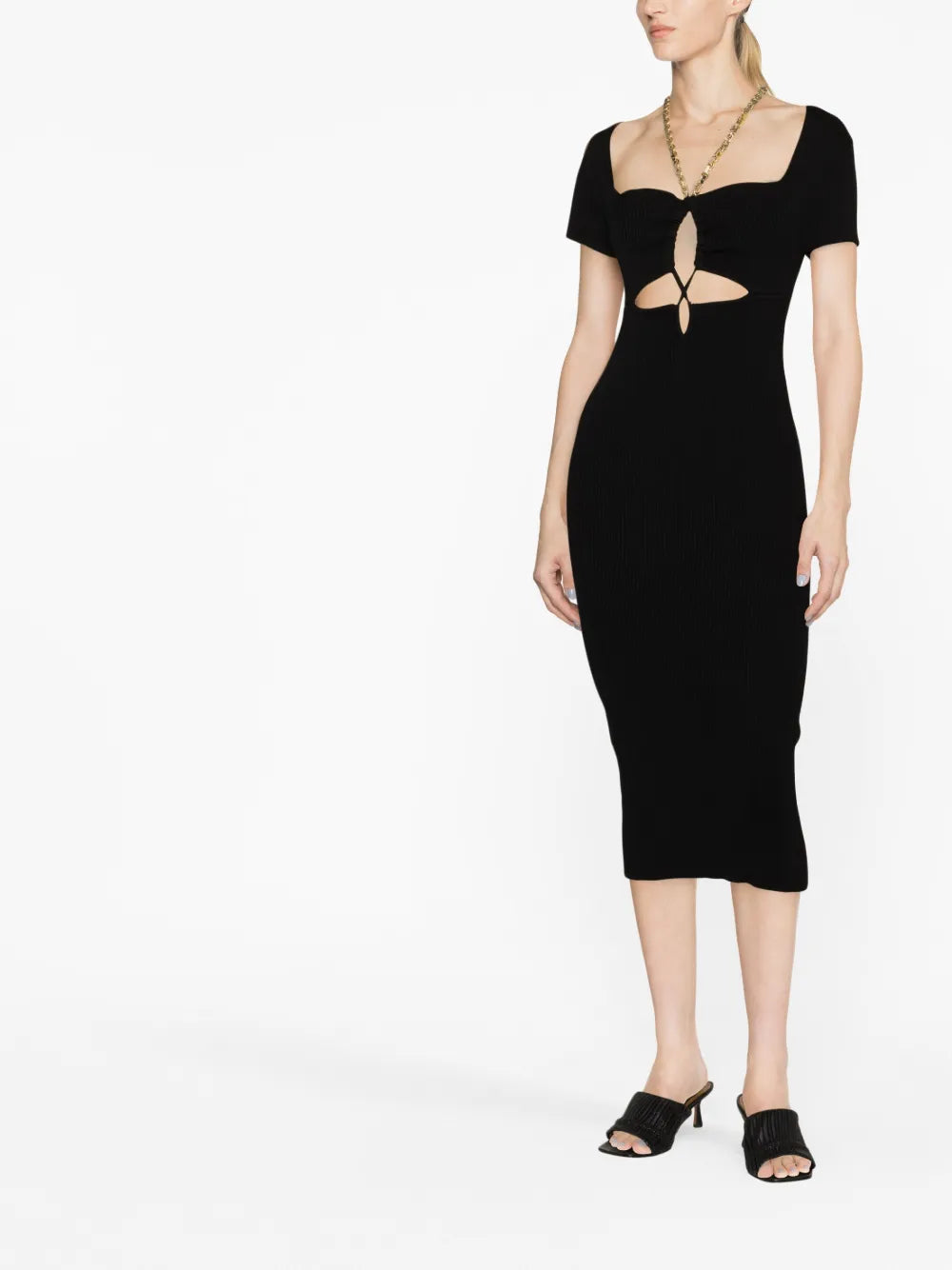 Chain-Strap Cutout Ribbed-Knit Midi Dress