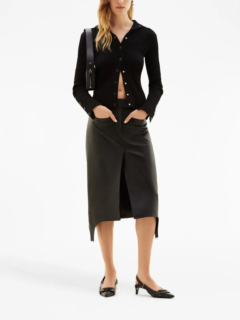 Suspenders-Detail Leather Midi Skirt