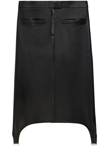 Suspenders-Detail Leather Midi Skirt