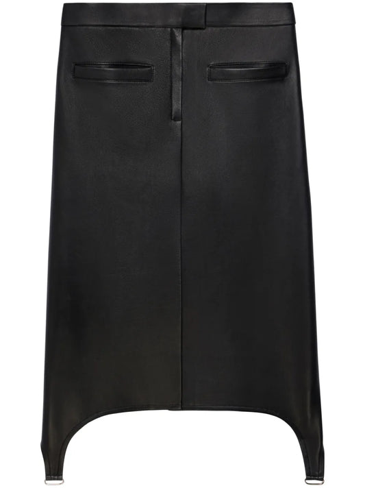 Suspenders-Detail Leather Midi Skirt