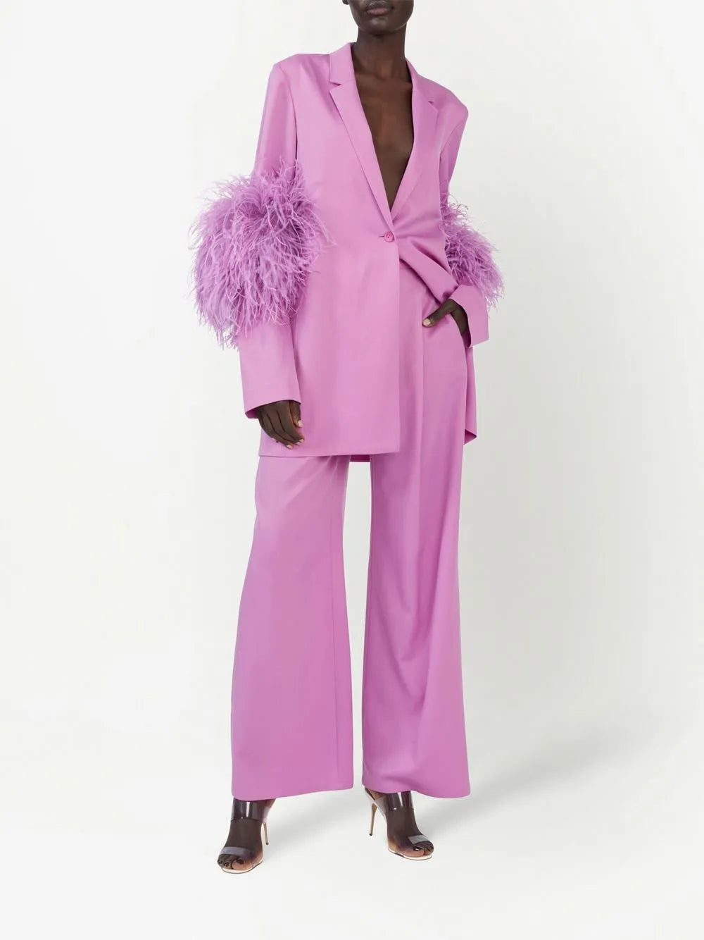 Feather-Trim Single-Breasted Blazer