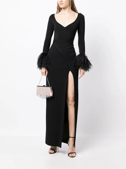 Feather-Trim Gown